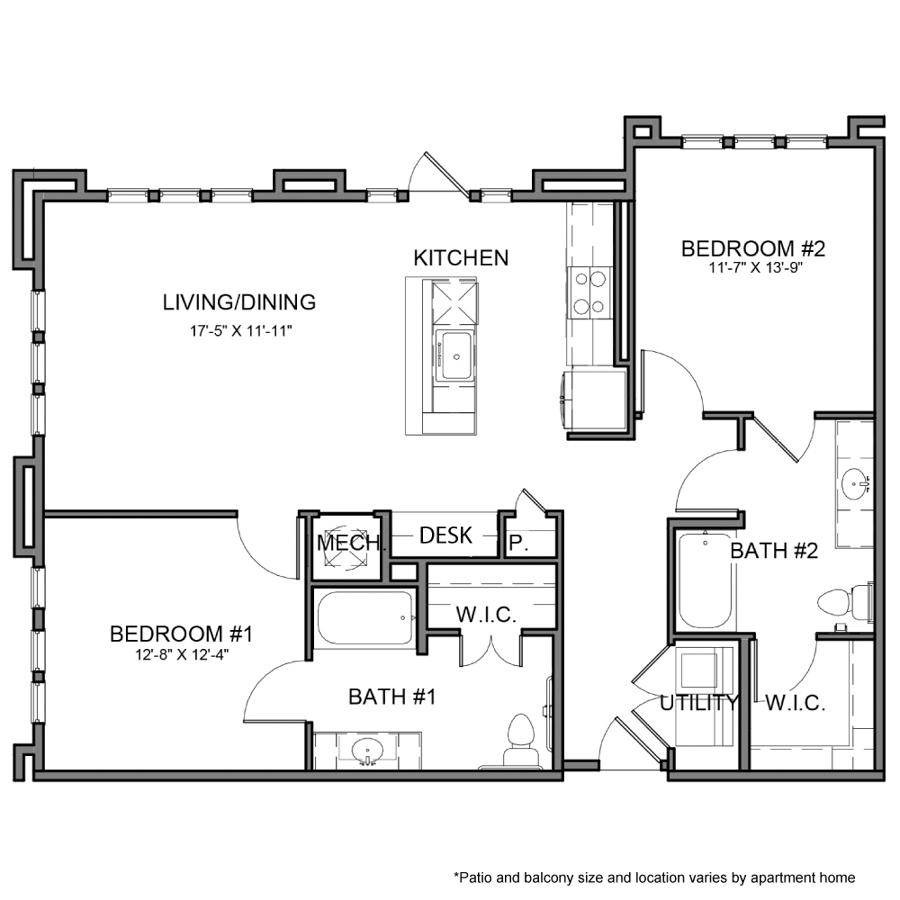 Rendering of the BE.B7.ADA floor plan with 2 bedroom[s] and 2 bathroom[s] at The Beacon