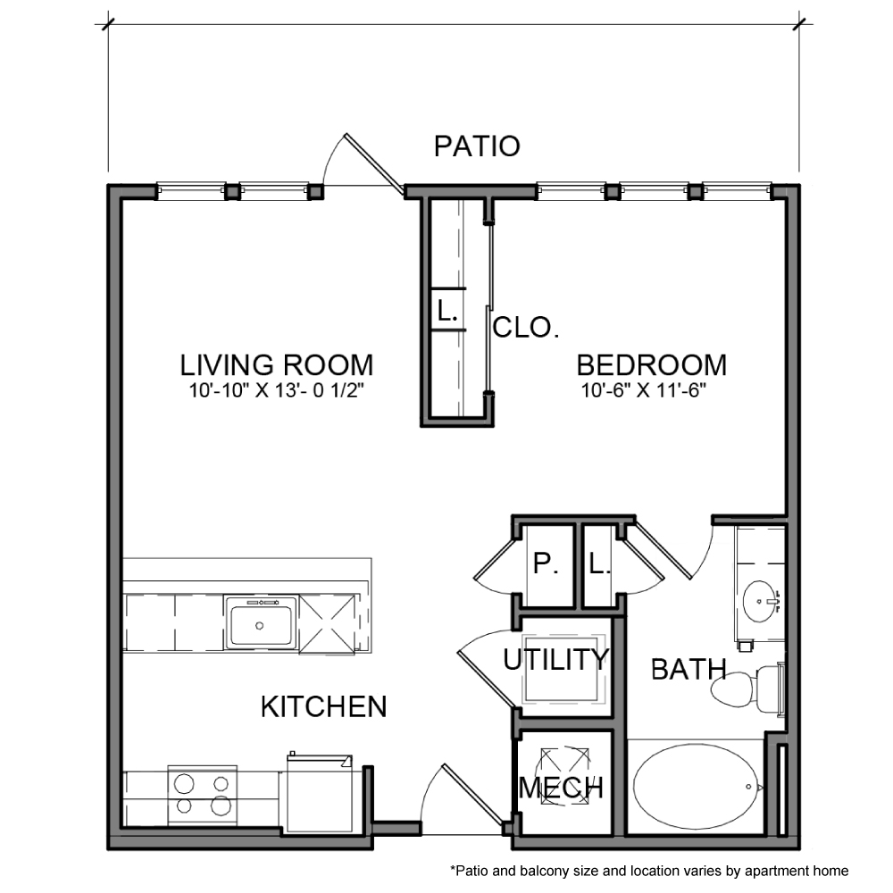 Rendering of the BE.S3 floor plan with 1 bedroom[s] and 1 bathroom[s] at The Beacon