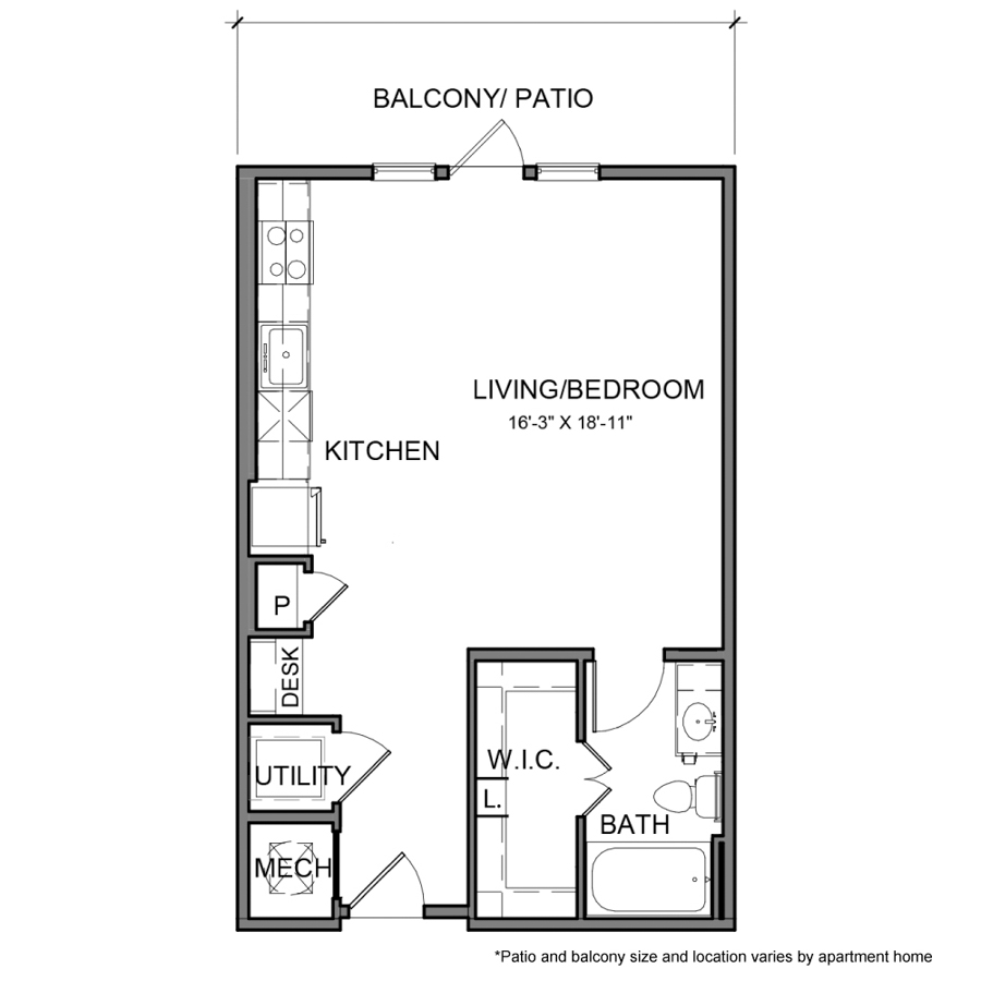 Rendering of the BE.S2 floor plan with 1 bedroom[s] and 1 bathroom[s] at The Beacon