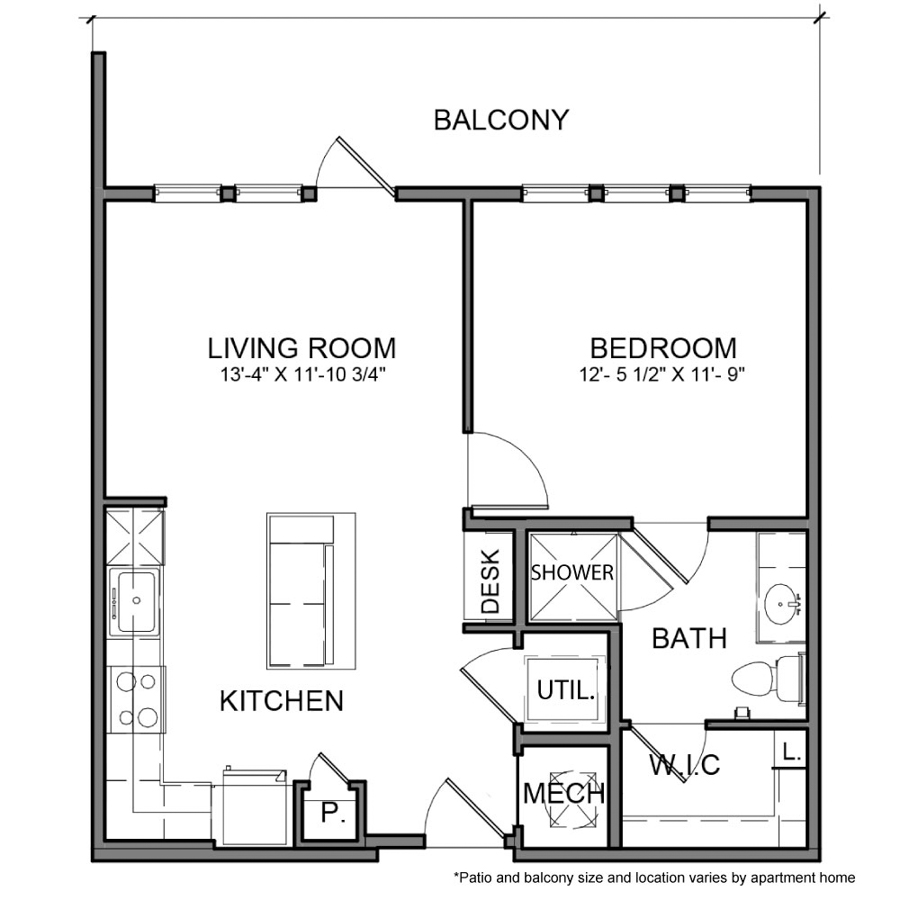 Rendering of the BE.A2 floor plan with 1 bedroom[s] and 1 bathroom[s] at The Beacon