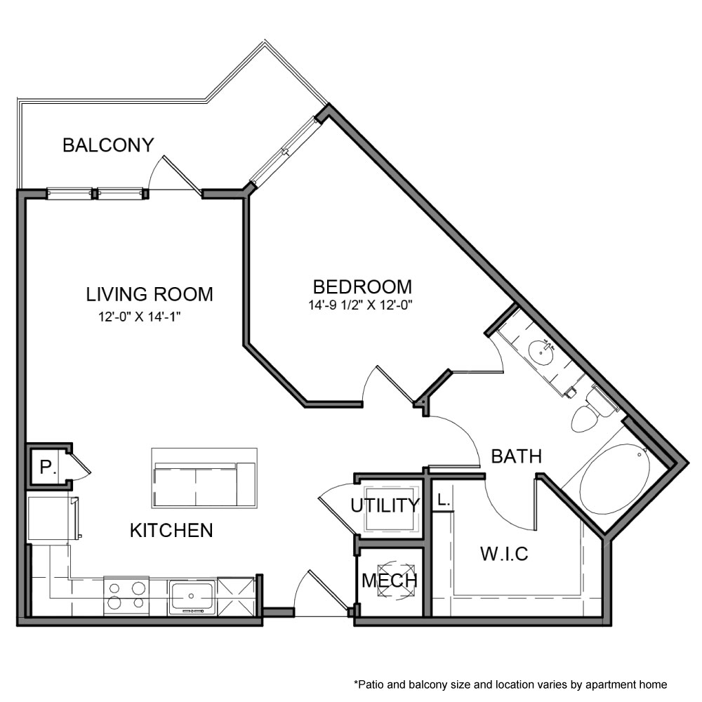 Rendering of the BE.A12 floor plan with 1 bedroom[s] and 1 bathroom[s] at The Beacon