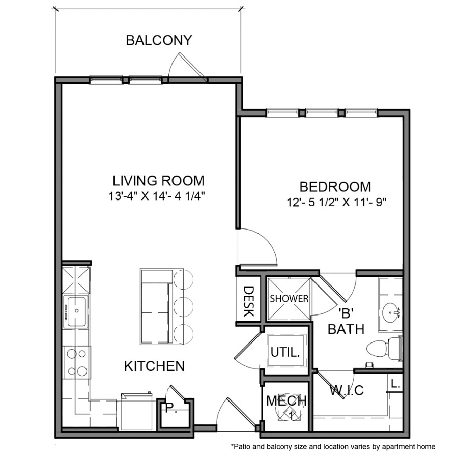 Rendering of the BE.A3 floor plan with 1 bedroom[s] and 1 bathroom[s] at The Beacon