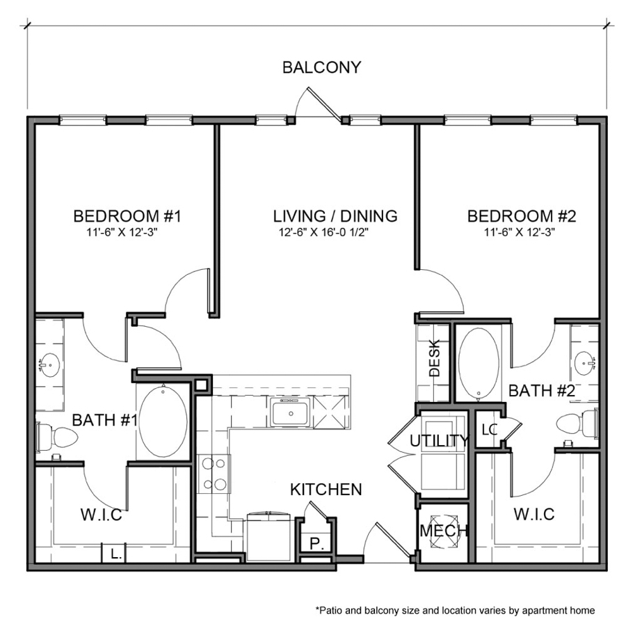 Rendering of the BE.B2 floor plan with 2 bedroom[s] and 2 bathroom[s] at The Beacon