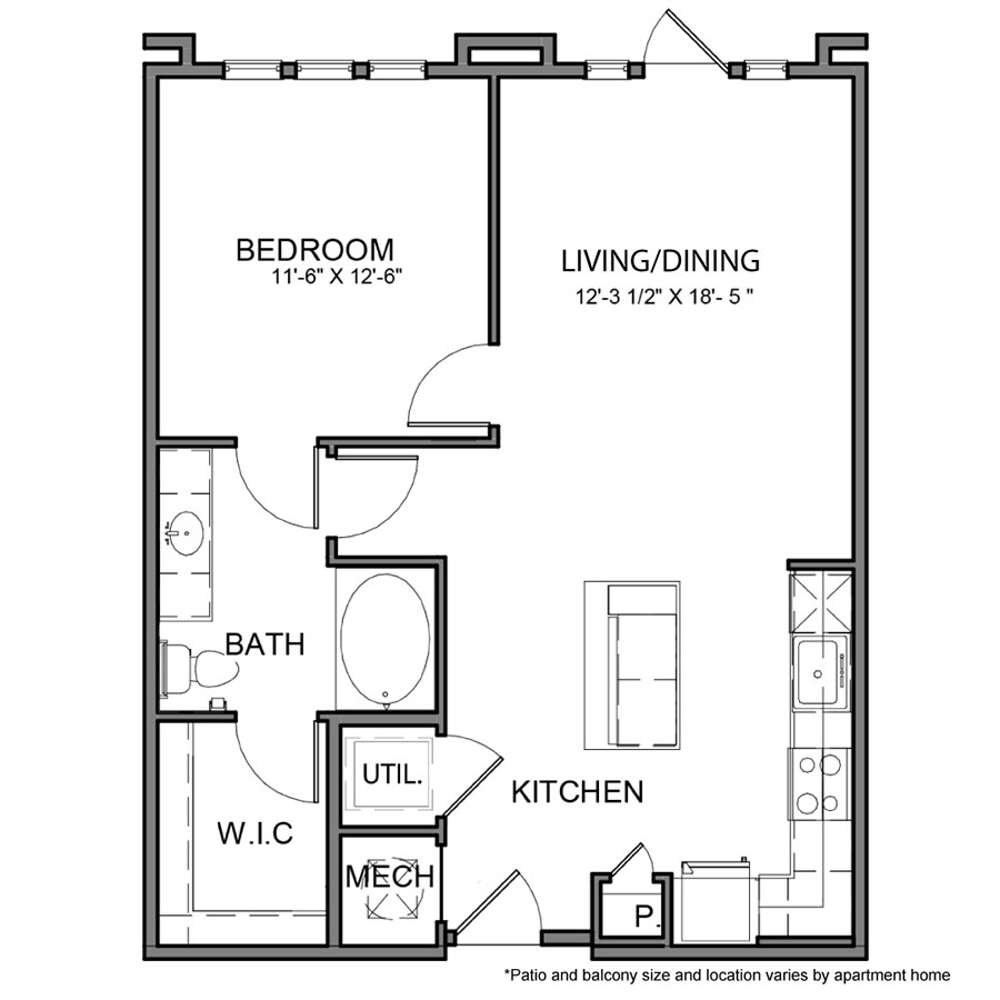 Rendering of the BE.A6 floor plan with 1 bedroom[s] and 1 bathroom[s] at The Beacon