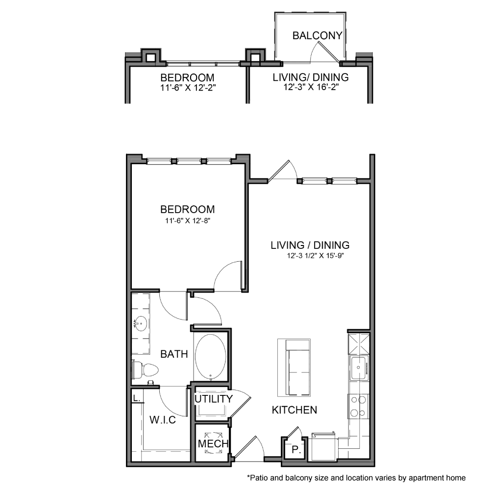 Rendering of the BE.A11 floor plan with 1 bedroom[s] and 1 bathroom[s] at The Beacon