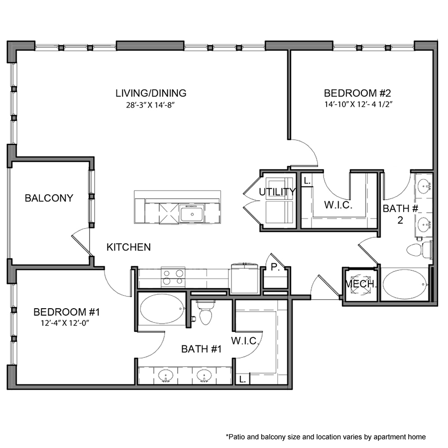 Rendering of the BE.B13 floor plan with 2 bedroom[s] and 2 bathroom[s] at The Beacon