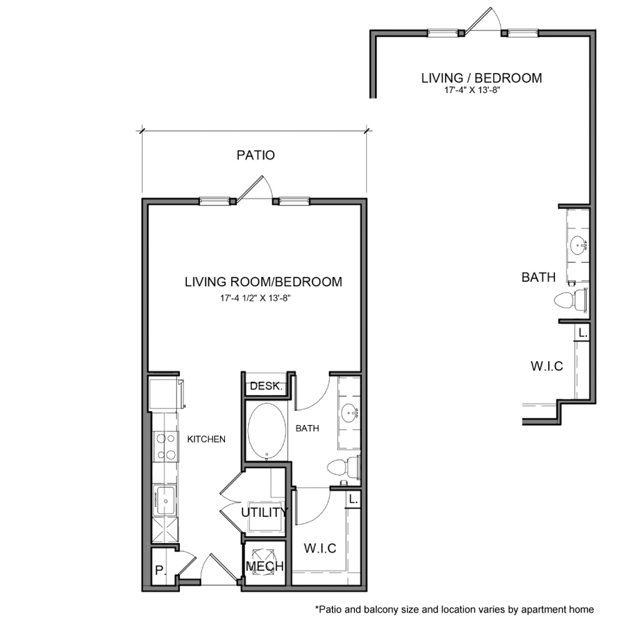 Rendering of the BE.S1 floor plan with 1 bedroom[s] and 1 bathroom[s] at The Beacon