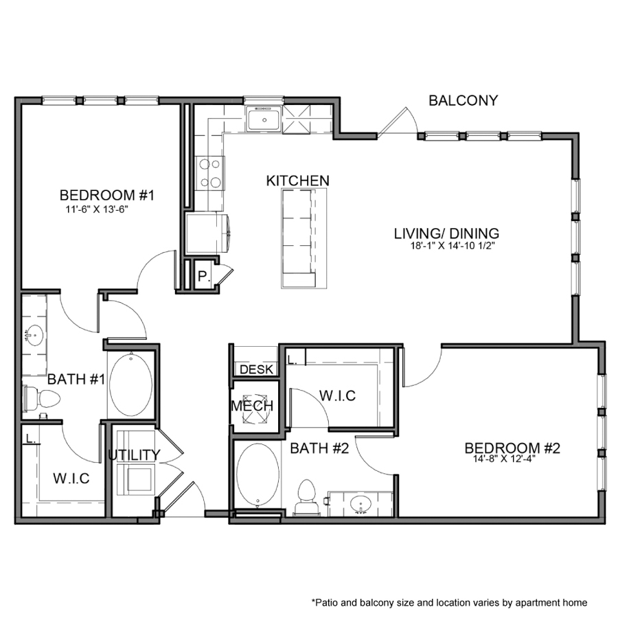 Rendering of the BE.B12.ADA floor plan with 2 bedroom[s] and 2 bathroom[s] at The Beacon