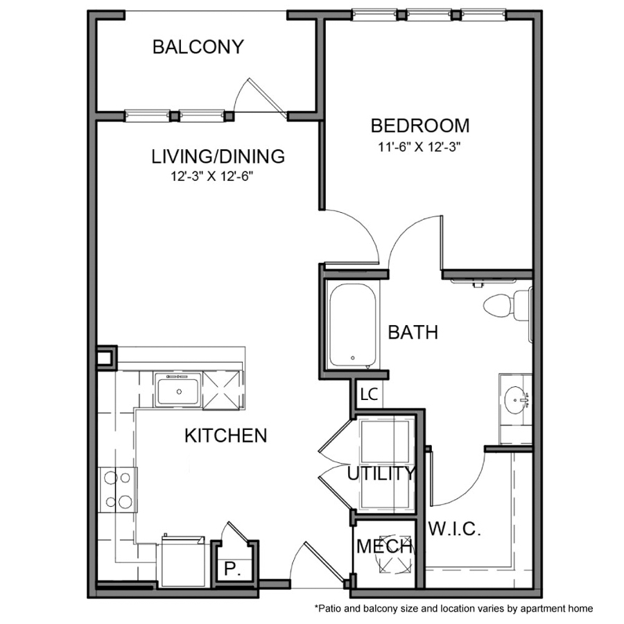 Rendering of the BE.A8.ADA floor plan with 1 bedroom[s] and 1 bathroom[s] at The Beacon